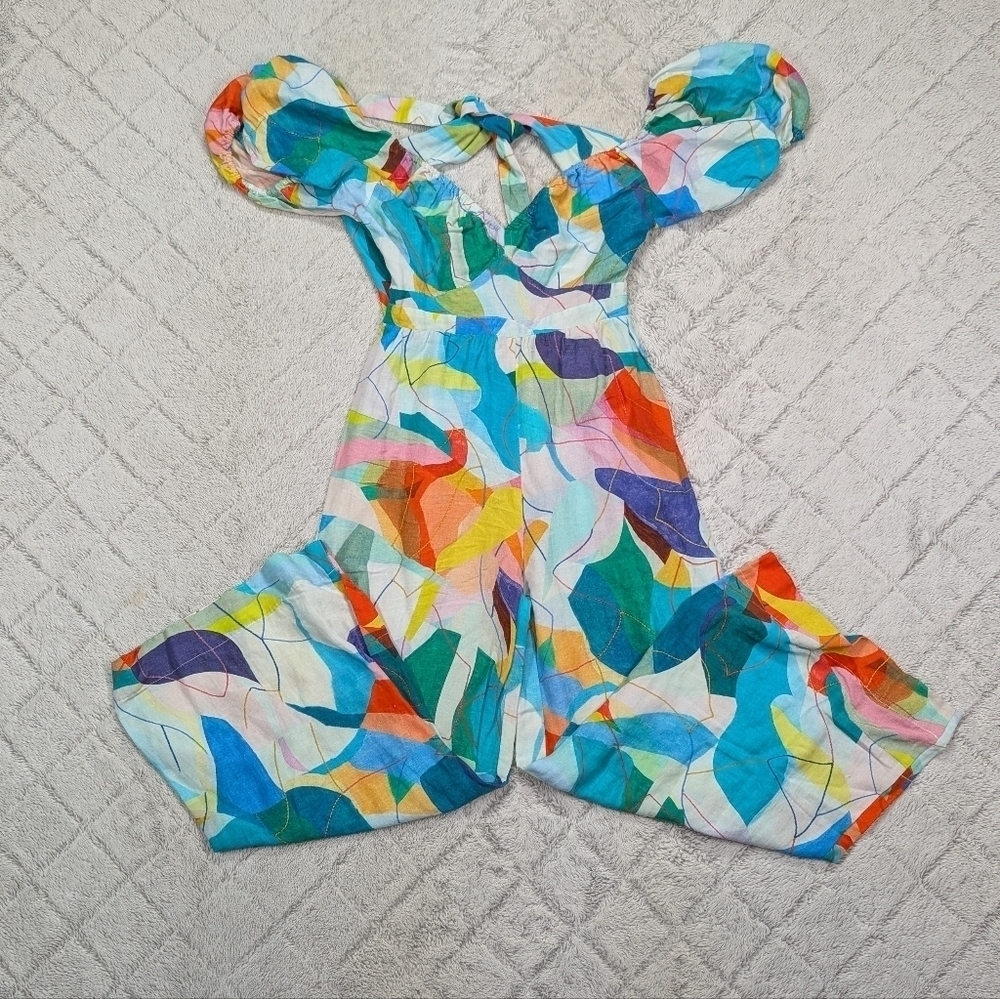 Ranna Gill Jumpsuit Womens S Blue Water Color Tie Back Cutout Linen Blend Boho